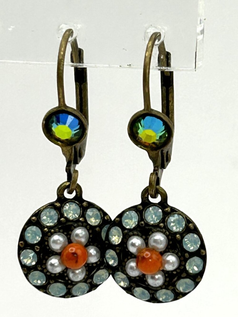 Michal Negrin Earrings Blue Swarovski Crystal Romantic Brass Lever Back